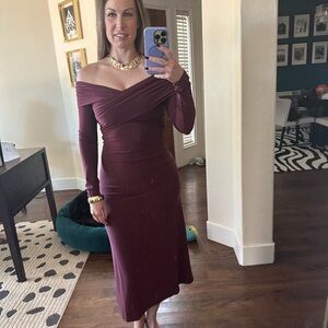 Elegant Off-Shoulder Brownish-Burgundy Dress From Aritzia